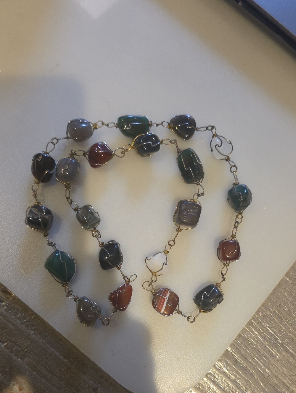 Vintage Multi-Color Agate Stone Wire Caged Wrapped Necklace